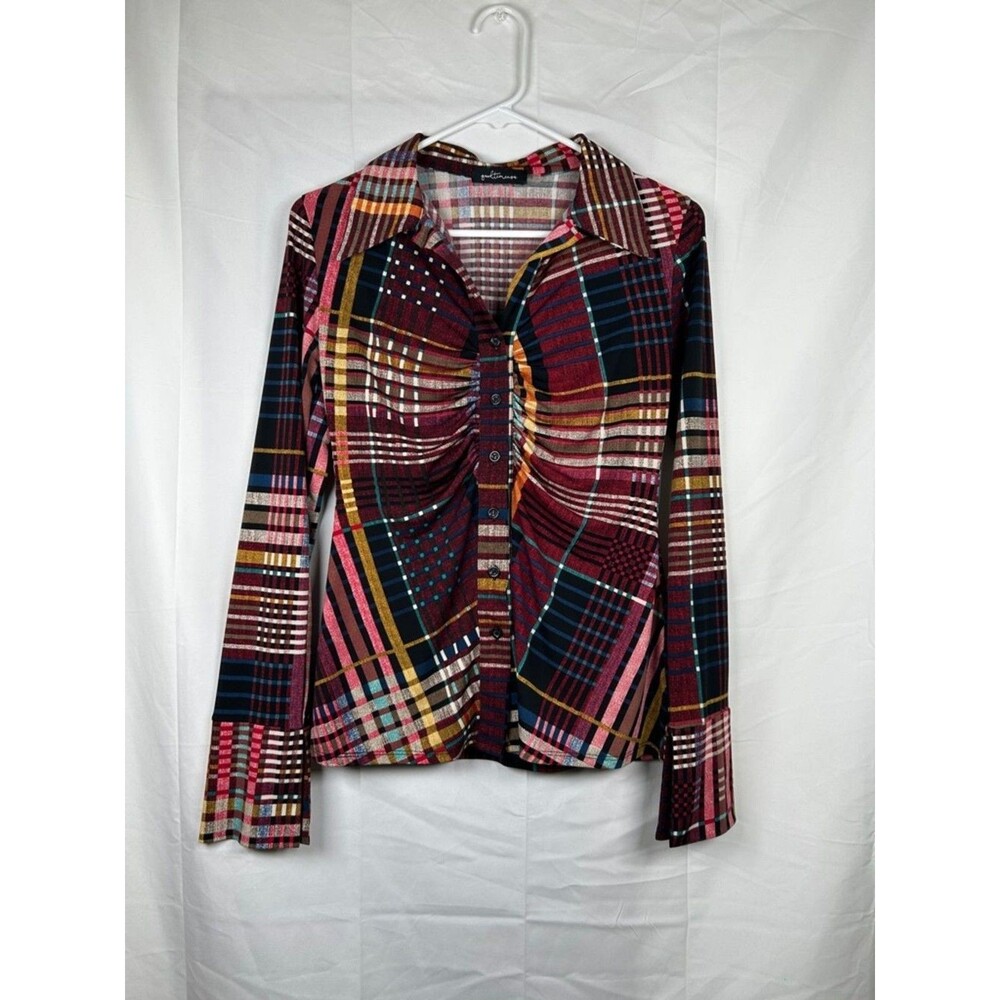 Goodtime USA Blouse Womens Small Burgundy Pink Plaid Ruched Button Up